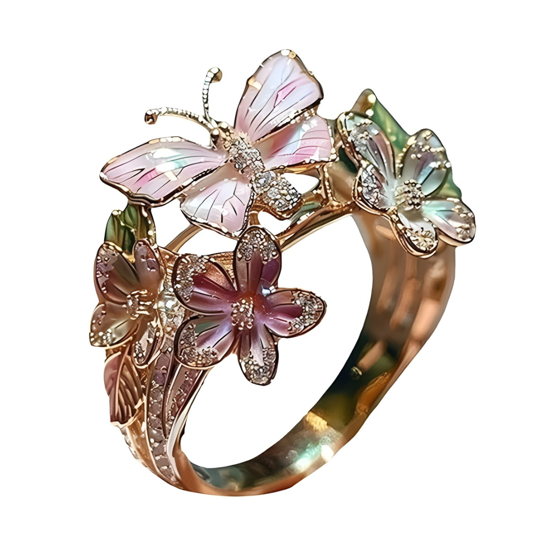 Damenring Schmetterlingsdesign | Besetzt mit funkelnden Zirkonia-Steinen | Symbol für Freiheit & Neubeginn