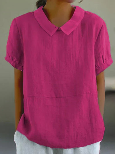 Damen-Leinenbluse mit Bubikragen, Kurzarm, atmungsaktiv