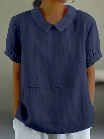 Damen-Leinenbluse mit Bubikragen, Kurzarm, atmungsaktiv
