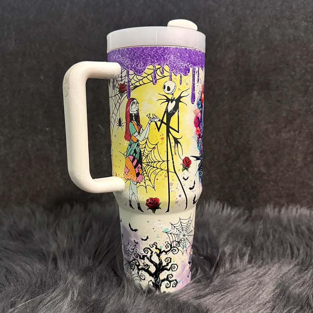 Leuchtender Tumbler Jack & Sally | Leuchtender Becher 1200 ml | Isoliert & Doppelwandig | Halloween & Weihnachts Edition