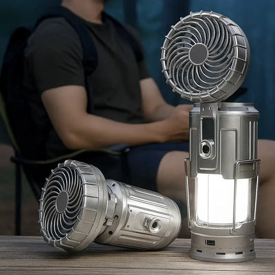 LED-Campinglaterne mit Ventilator | 6-in-1 Lampe, Taschenlampe & Powerbank | Solar & Akku, tragbar, IP44 wasserabweisend