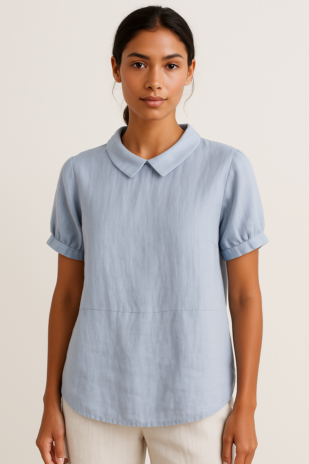 Damen-Leinenbluse mit Bubikragen, Kurzarm, atmungsaktiv