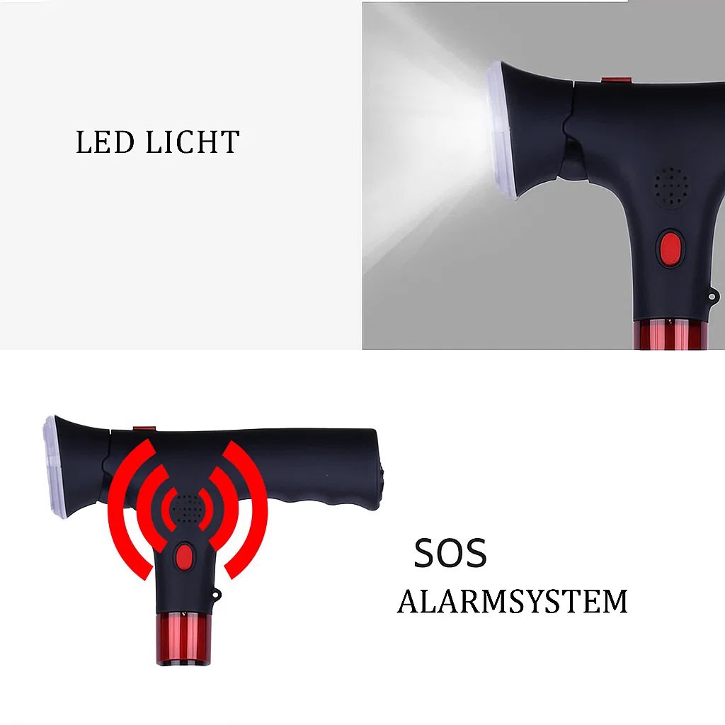 Faltbarer Gehstock mit LED-Licht & Alarm | Höhenverstellbar & Rutschfest | Leichter Aluminium Gehstock für Senioren