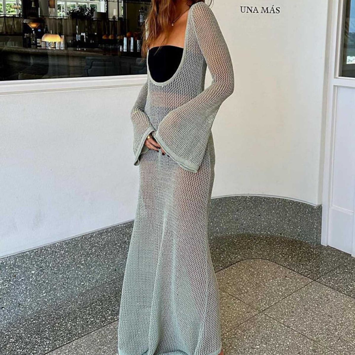 Damen Rückenfreies Kleid | Langärmelig & transparentes Mesh | Elegantes Sommerkleid mit fließendem Schnitt