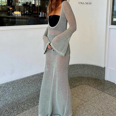 Damen Rückenfreies Kleid | Langärmelig & transparentes Mesh | Elegantes Sommerkleid mit fließendem Schnitt