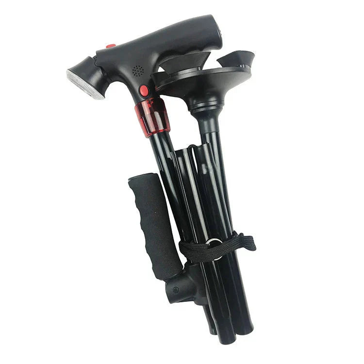 Faltbarer Gehstock mit LED-Licht & Alarm | Höhenverstellbar & Rutschfest | Leichter Aluminium Gehstock für Senioren