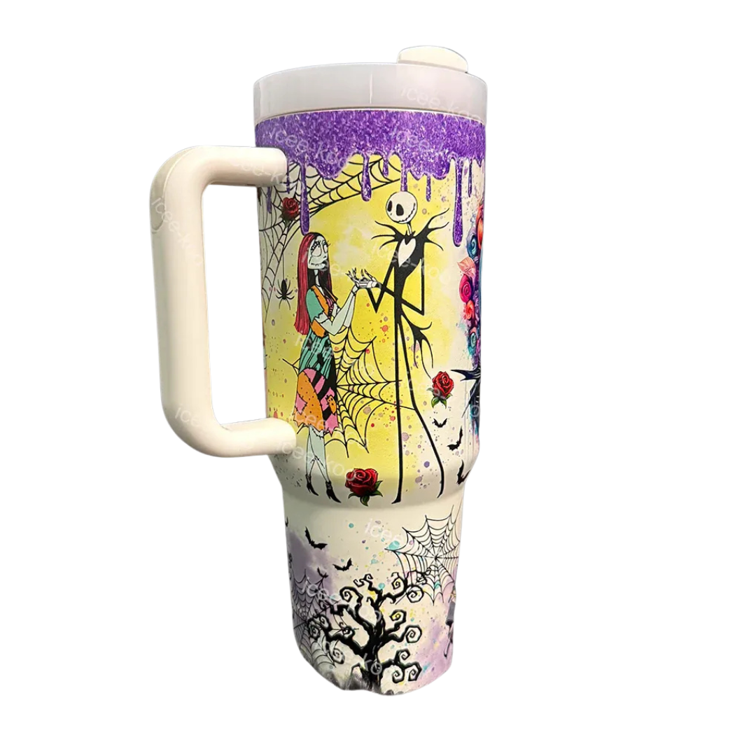 Leuchtender Tumbler Jack & Sally | Leuchtender Becher 1200 ml | Isoliert & Doppelwandig | Halloween & Weihnachts Edition