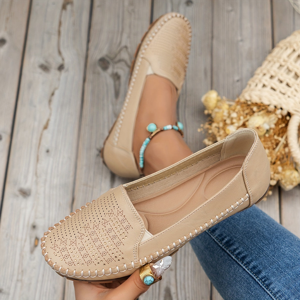 Damen Loafer | Elegant mit Retro Perforation | Bequem Slip-On