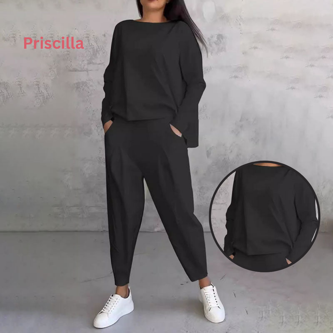 Priscilla - Rundhalsausschnitt langärmeliges Oberteil Hose