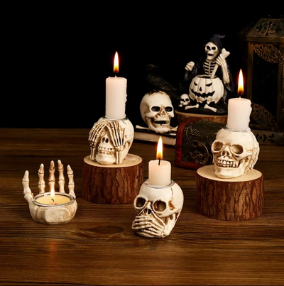 TotenkopfGlühen™ Skullight 3pc Halloween Schädel Kerzenständer Set