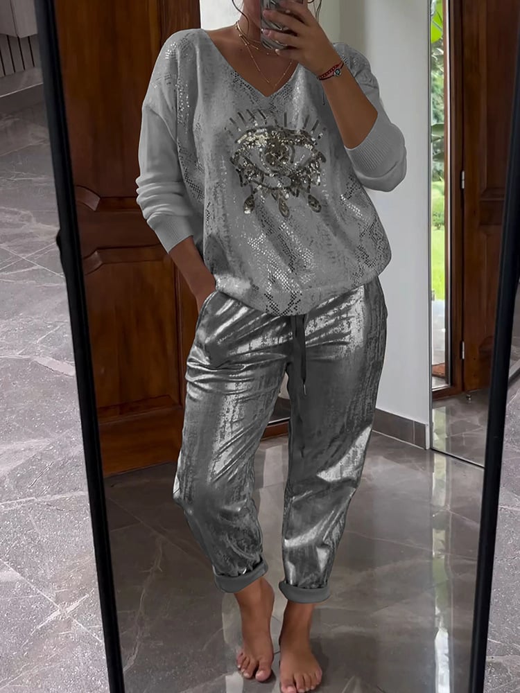 Damen Zweiteiler | Glitzernde Hose & Goldfolien-Oberteil | V-Ausschnitt & Langarm | Trend Frühling/Sommer
