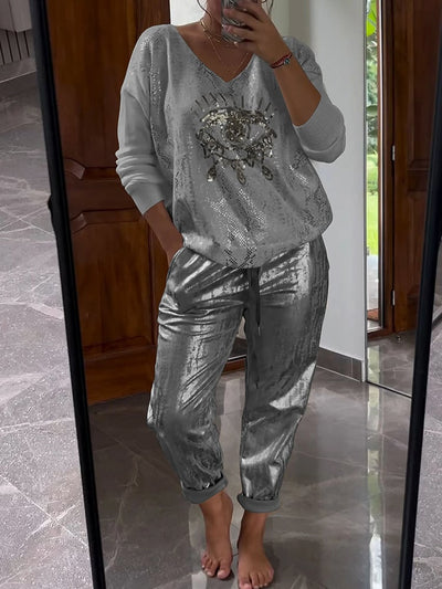 Damen Zweiteiler | Glitzernde Hose & Goldfolien-Oberteil | V-Ausschnitt & Langarm | Trend Frühling/Sommer