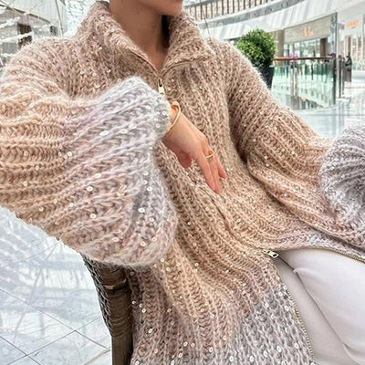 Damen Strickjacke mit Pailletten | Eleganter Glanz & Leichtes Gewebe | Einfarbig Cardigan für Alltag & besondere Anlässe