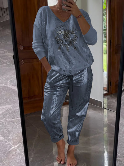 Damen Zweiteiler | Glitzernde Hose & Goldfolien-Oberteil | V-Ausschnitt & Langarm | Trend Frühling/Sommer
