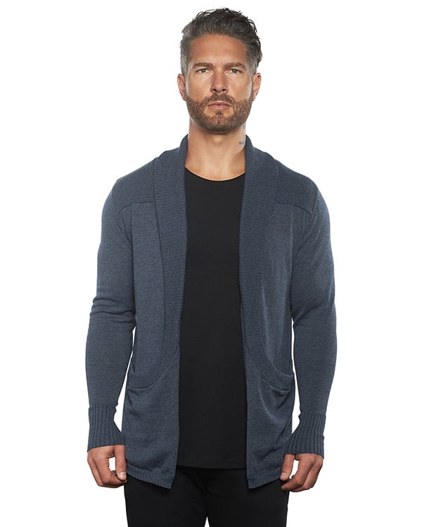 Herren Cardigan Strickjacke | Slim Fit | Leichtes Strickmaterial mit Stretch | Schalkragen & Taschen | Oat/Graphite/Blue
