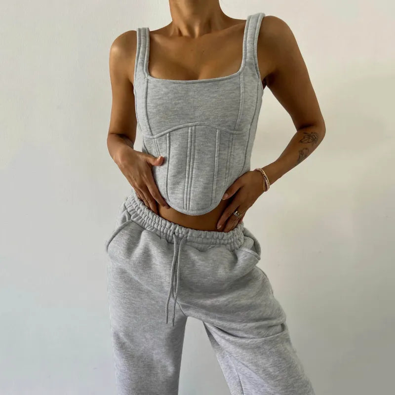 Damen 3-teiliges Lounge Set | Kapuzen-Kurzarmpullover, Tanktop & Jogginghose | Grau oder Schwarz