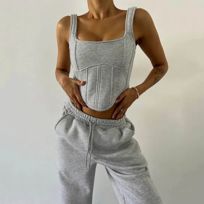 Damen 3-teiliges Lounge Set | Kapuzen-Kurzarmpullover, Tanktop & Jogginghose | Grau oder Schwarz