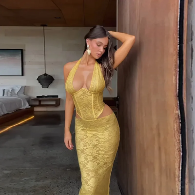 Damen Maxikleid mit Korsett & Spitze | Elegantes Abendkleid mit Schlitz | Figurbetonte Silhouette