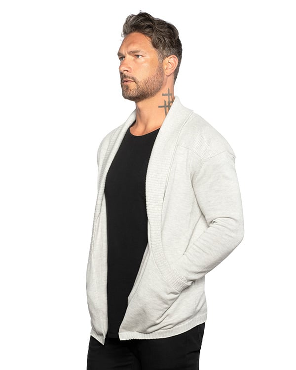 Herren Cardigan Strickjacke | Slim Fit | Leichtes Strickmaterial mit Stretch | Schalkragen & Taschen | Oat/Graphite/Blue