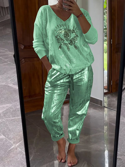 Damen Zweiteiler | Glitzernde Hose & Goldfolien-Oberteil | V-Ausschnitt & Langarm | Trend Frühling/Sommer