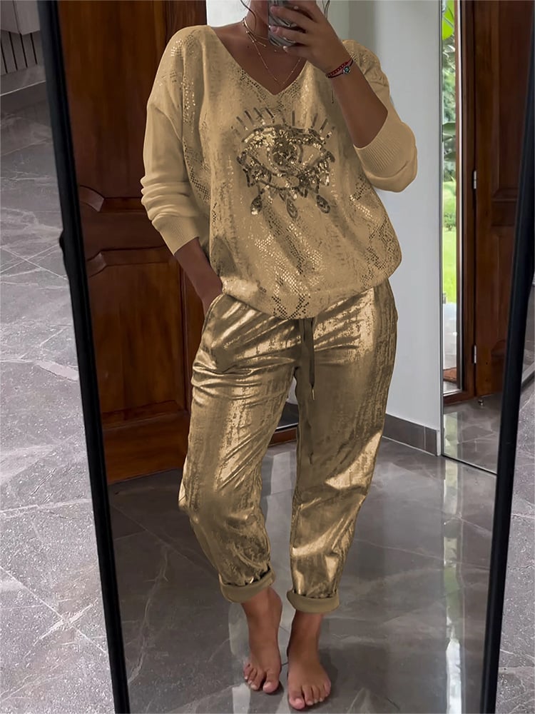 Damen Zweiteiler | Glitzernde Hose & Goldfolien-Oberteil | V-Ausschnitt & Langarm | Trend Frühling/Sommer