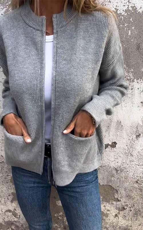 Damen Strickjacke mit Reißverschluss | Rundhals | Baumwolle | Größen S–5XL