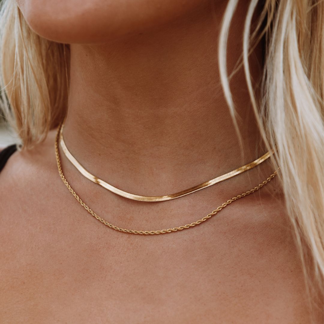 Damen Layer Halskette | 2-in-1 Herringbone Choker & Kordelkette | Edelstahl mit 18k Gold PVD