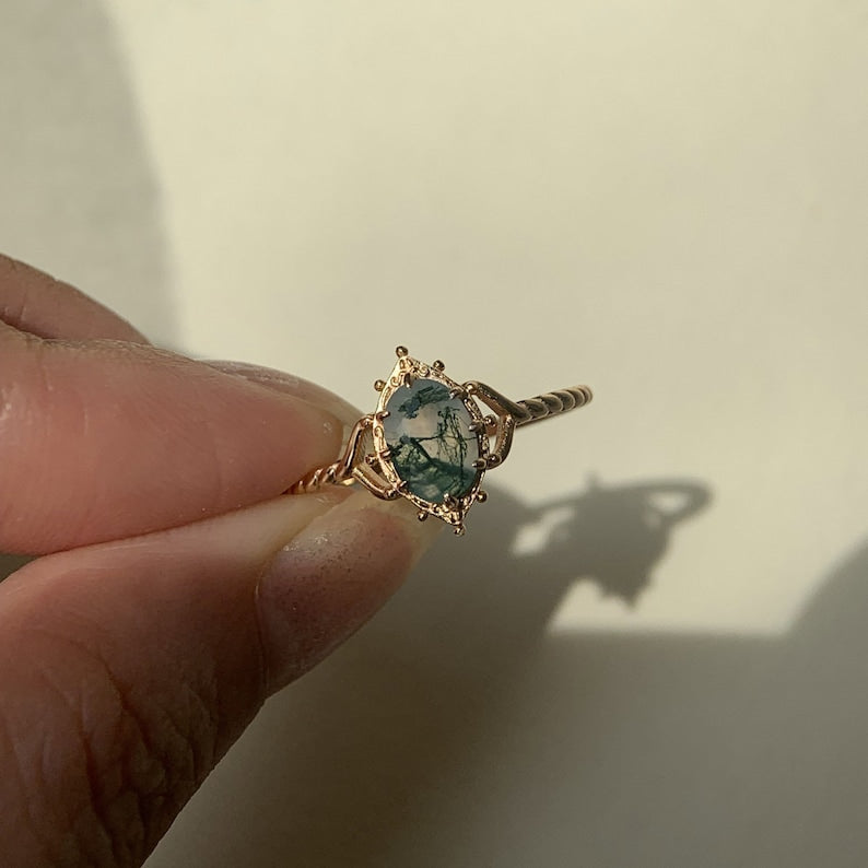 Ring | 925 Sterling Silber vergoldet | Natürlicher Moosachat | Handgefertigter Verlobungsring