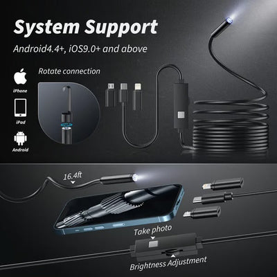 Tragbare Inspektionskamera | HD Endoskop mit LED Licht & 4-in-1 Zubehör | Wasserdicht & Flexibel | Für Smartphone