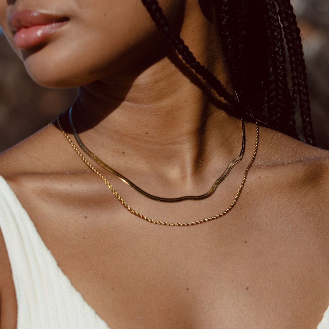 Damen Layer Halskette | 2-in-1 Herringbone Choker & Kordelkette | Edelstahl mit 18k Gold PVD