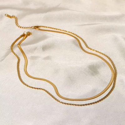 Damen Layer Halskette | 2-in-1 Herringbone Choker & Kordelkette | Edelstahl mit 18k Gold PVD