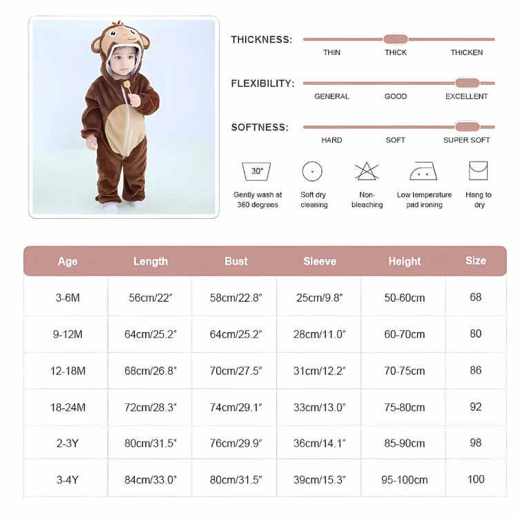 Baby Tier-Jumpsuit | Flauschiger Strampler mit Kapuze | Weich & Atmungsaktiv | Für Babys & Kleinkinder