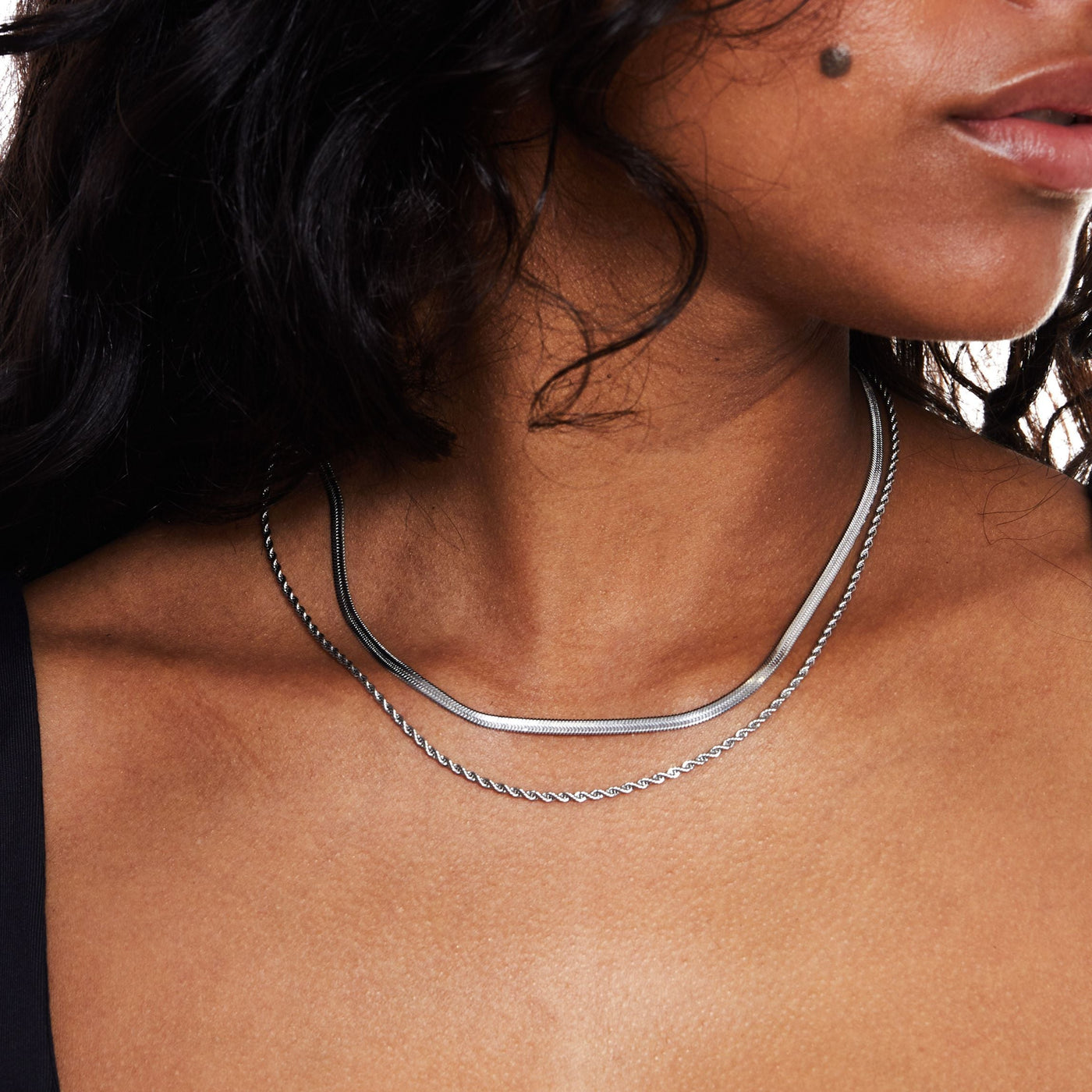 Damen Layer Halskette | 2-in-1 Herringbone Choker & Kordelkette | Edelstahl mit 18k Gold PVD