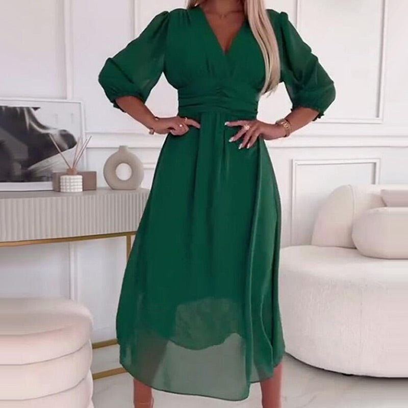 Damen Maxikleid | V-Ausschnitt & fließende A-Linie | Leichter Chiffon-Look