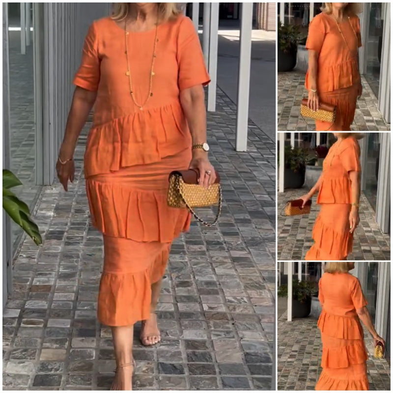 ⏳Begrenzte Zeit 50% Rabatt💥Damen gestuftes, einfarbiges Rundhalskleid